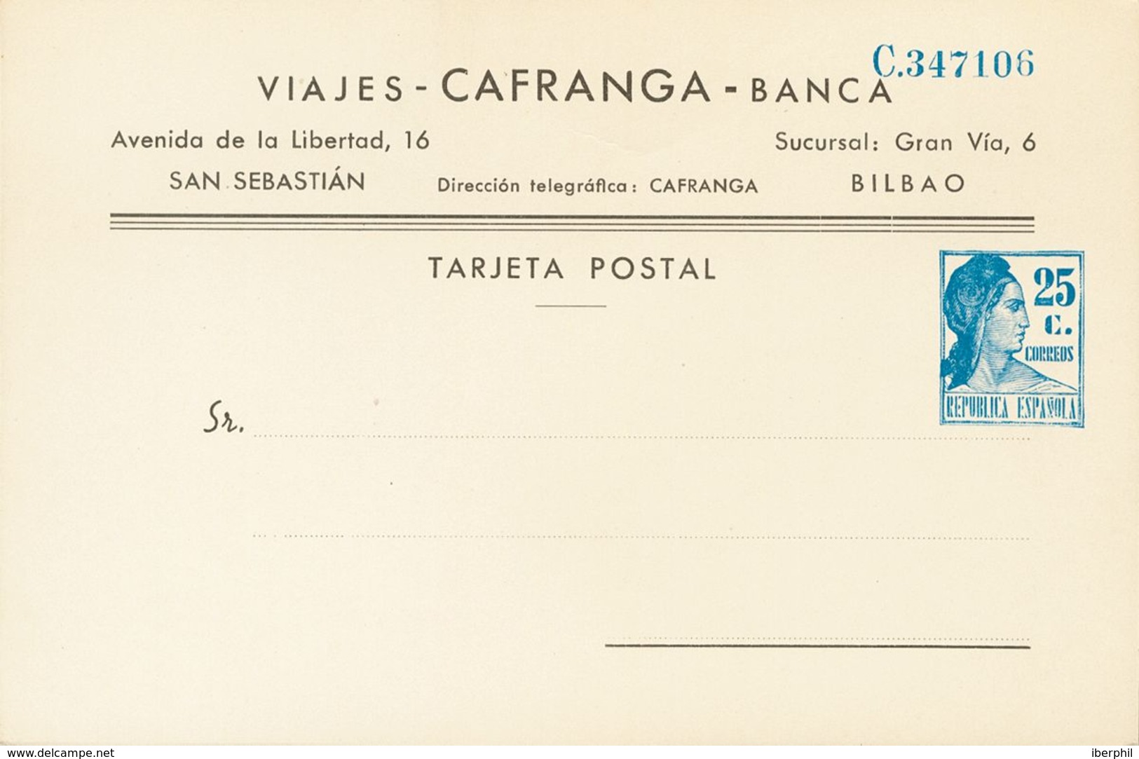 (*)EP1077. 1935. 25 Cts Azul Sobre Tarjeta Entero Postal Privado CAFRANGA. MAGNIFICO. (Láiz 2006, 210 Euros) - Autres & Non Classés