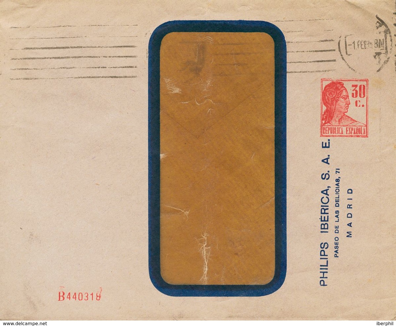 SOBRE EP1286B. 1938. 30 Cts Rojo Sobre Entero Postal Privado PHILIPS IBERICA (sin Correos) De MADRID A ZARAGOZA. Al Dors - Autres & Non Classés