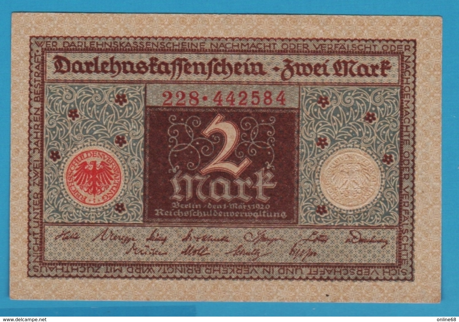 DEUTSCHES REICH 2 MARK 01.03.1920 SERIE 228.442584 P# 60 DARLEHENSKASSENSCHEIN - Reichsschuldenverwaltung