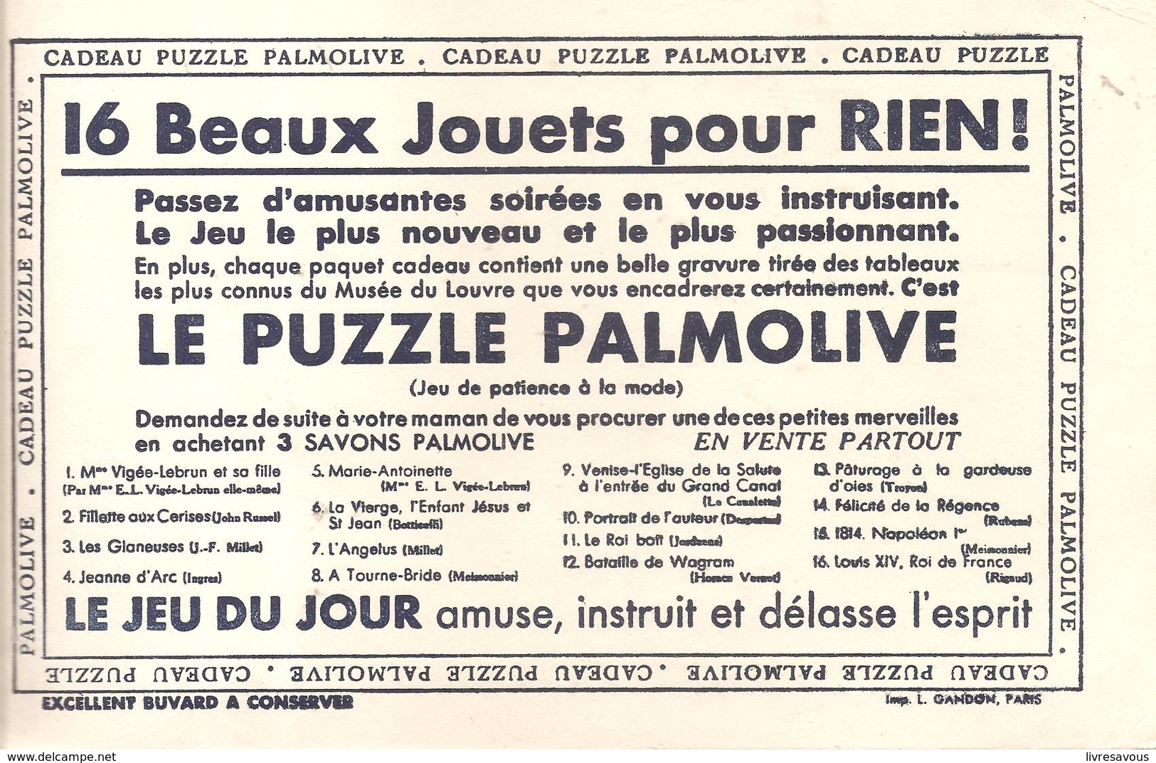 Buvard PALMOLIVE 16 Beaux Jouets Pour Rien! Le Puzzle PALMOLIVE - Perfume & Beauty