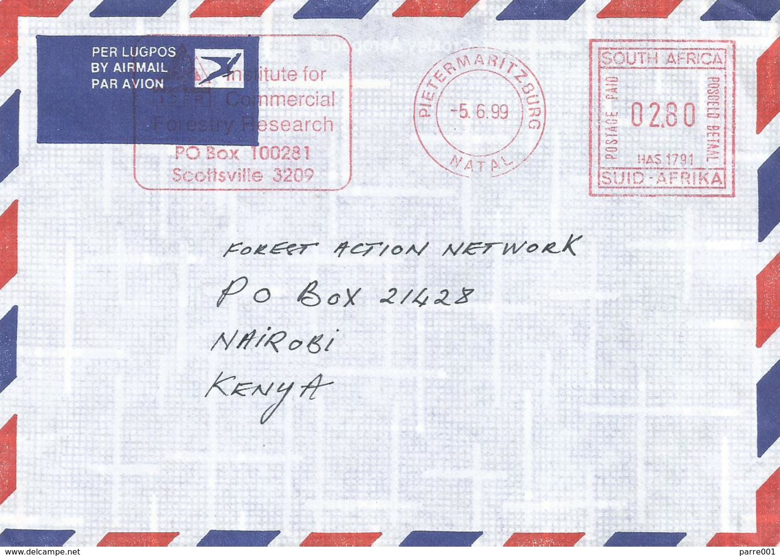 RSA South Africa 1999 Pietermaritzburg Meter Hasler "Mailmaster HAS1791 Forestry Research Slogan Cover - Lettres & Documents