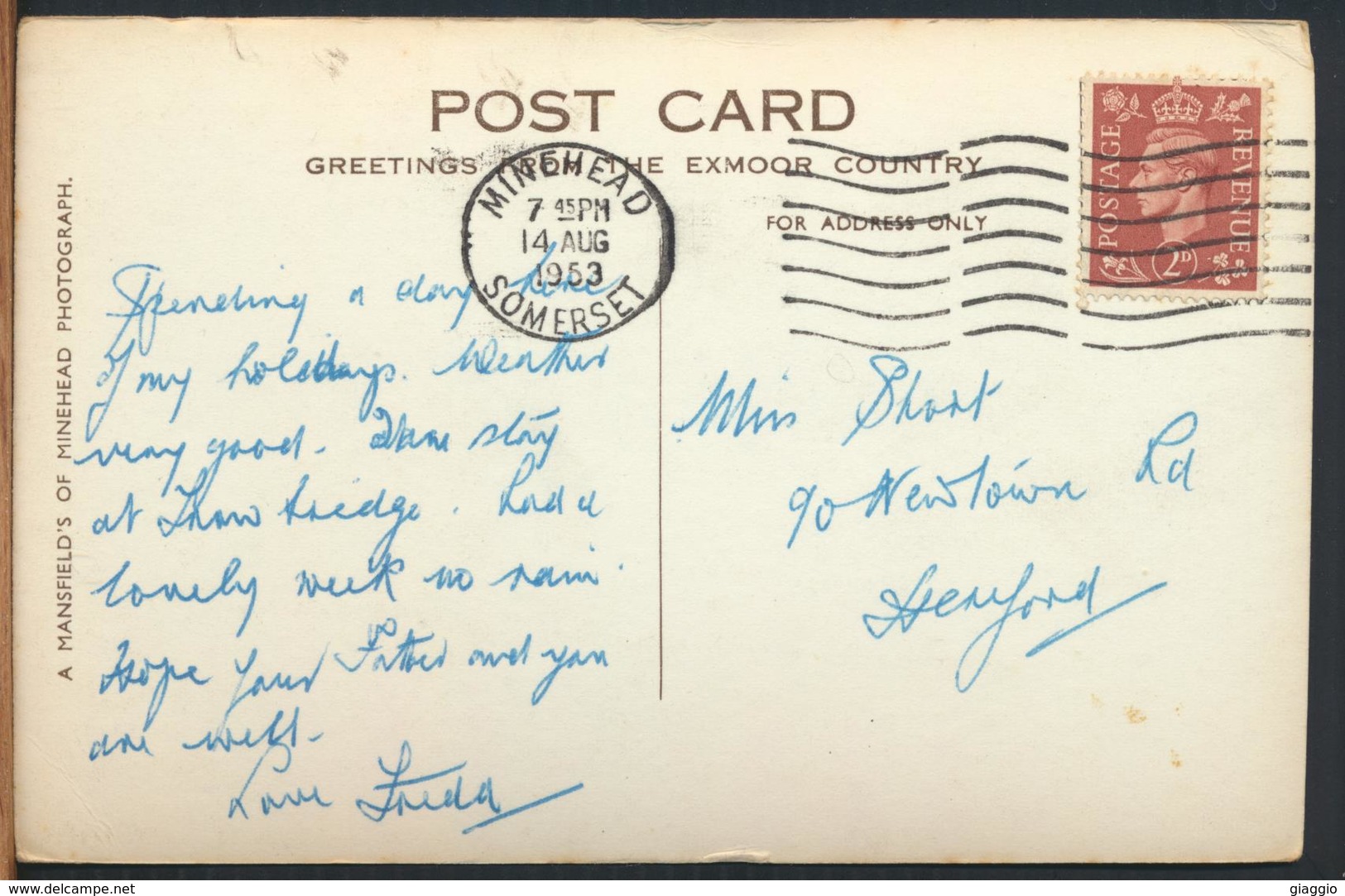 °°° 11930 - UK - NORTH HILL , MINEHEAD - 1953 With Stamps °°° - Minehead