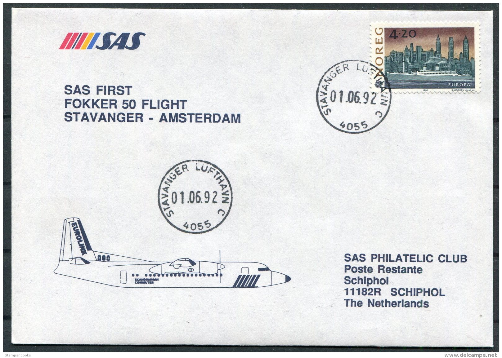 1992 Norway / Holland SAS First Flight Cover. Stavanger - Amsterdam. Europa - Brieven En Documenten