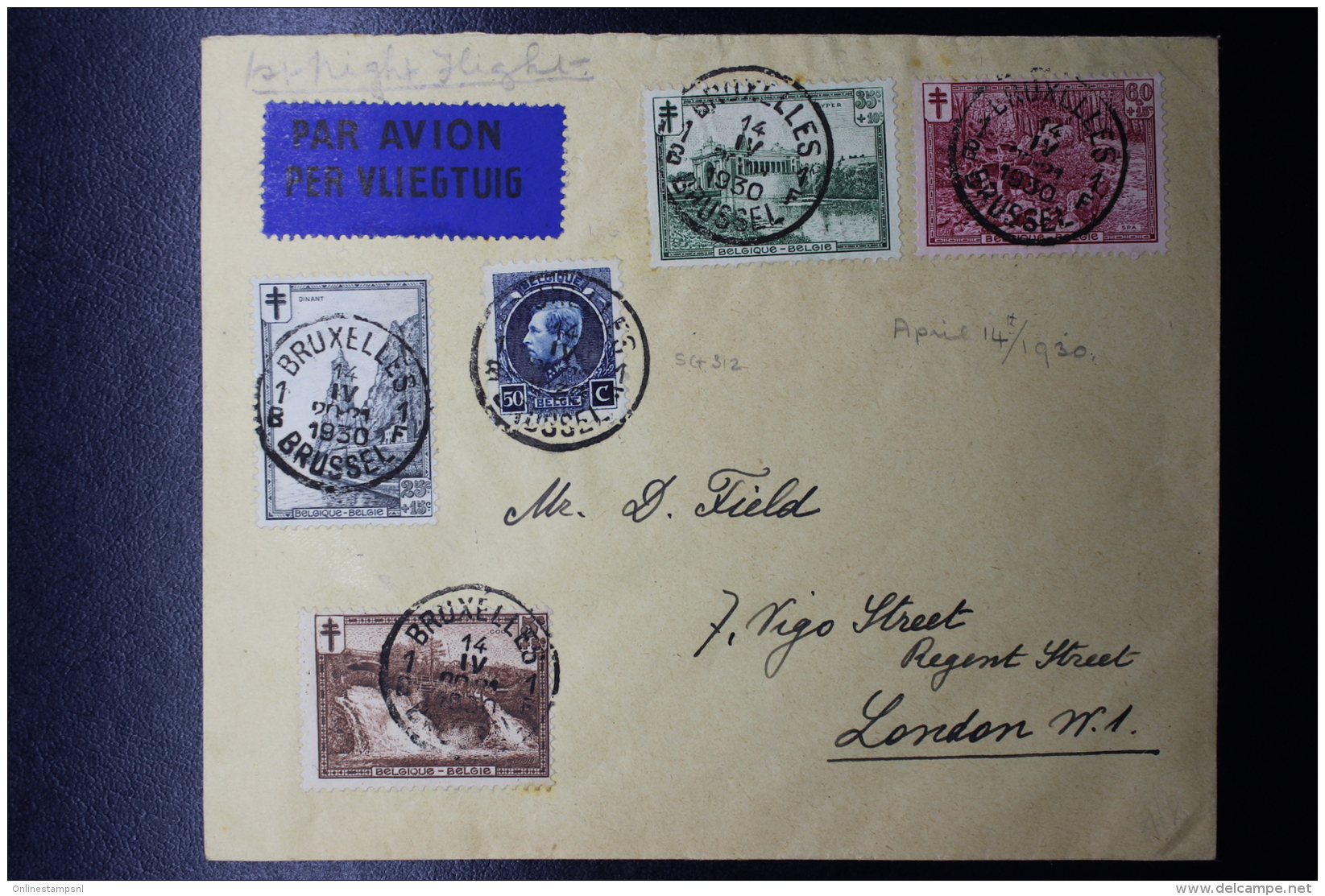 Belgium:  Airmail Cover  First Night Flight   Brussels - London   OBP 211 + 293 - 296 - Autres & Non Classés