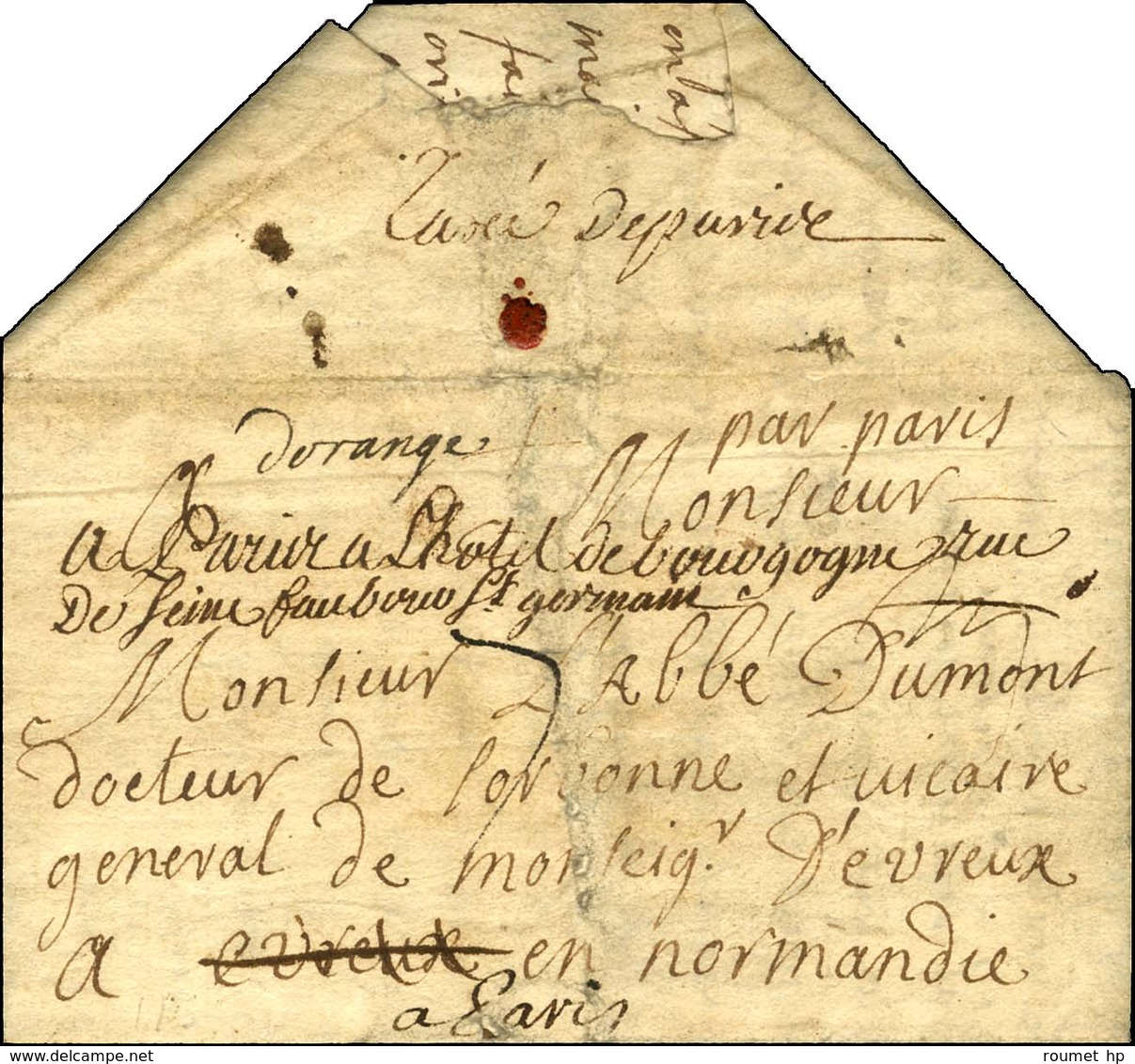 '' D'Orange '' Sur Lettre Avec Texte Daté Du 25 Avril 1736 Pour Evreux Réexpédiée à Paris, Au Verso Mention Manuscrite ' - 1701-1800: Precursores XVIII