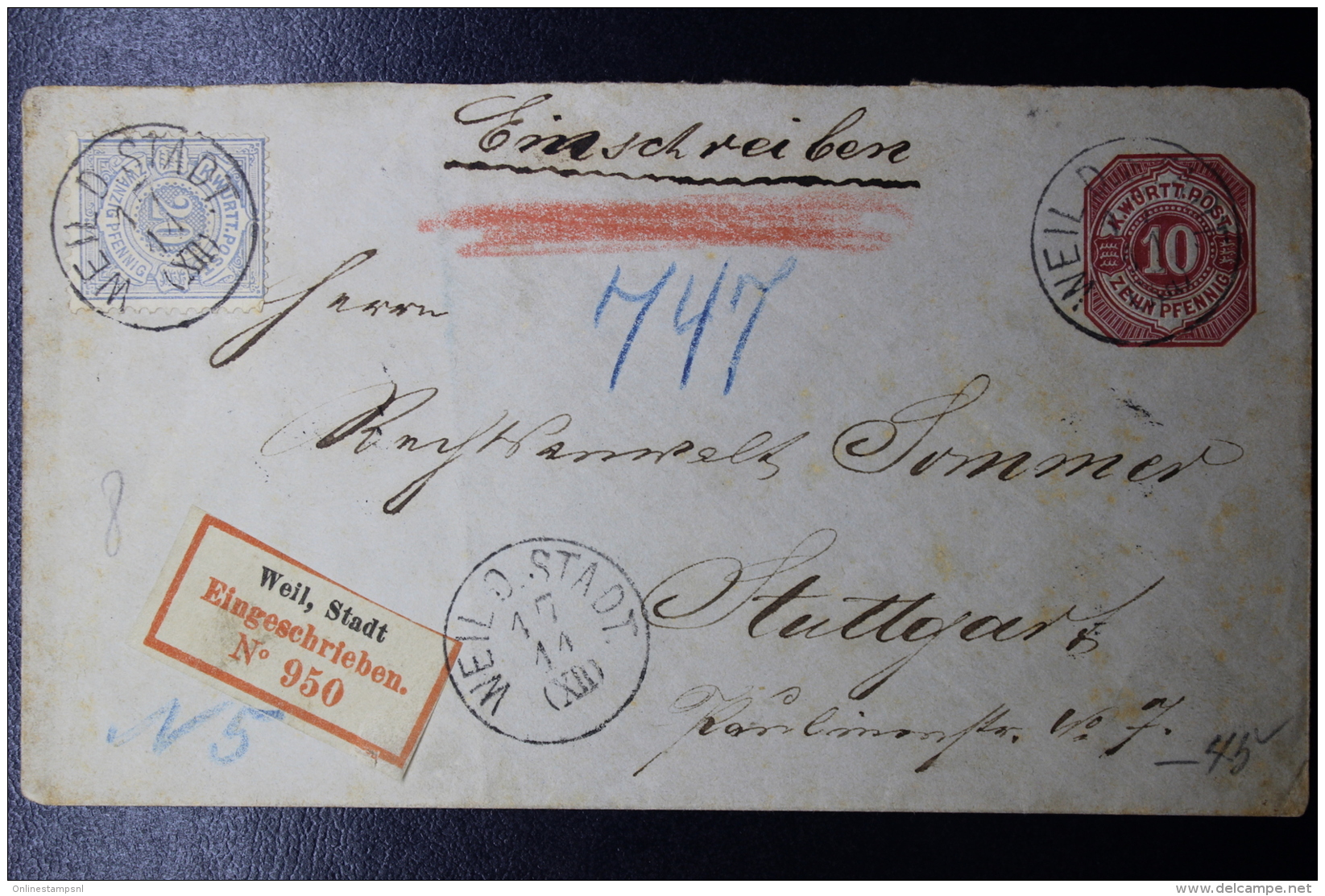 Württemberg  Umslag  U2U Einschreiben, Uprated Double Imprint 10 Pf.  Well, Stadt -&gt; Stuttgart - Postal  Stationery