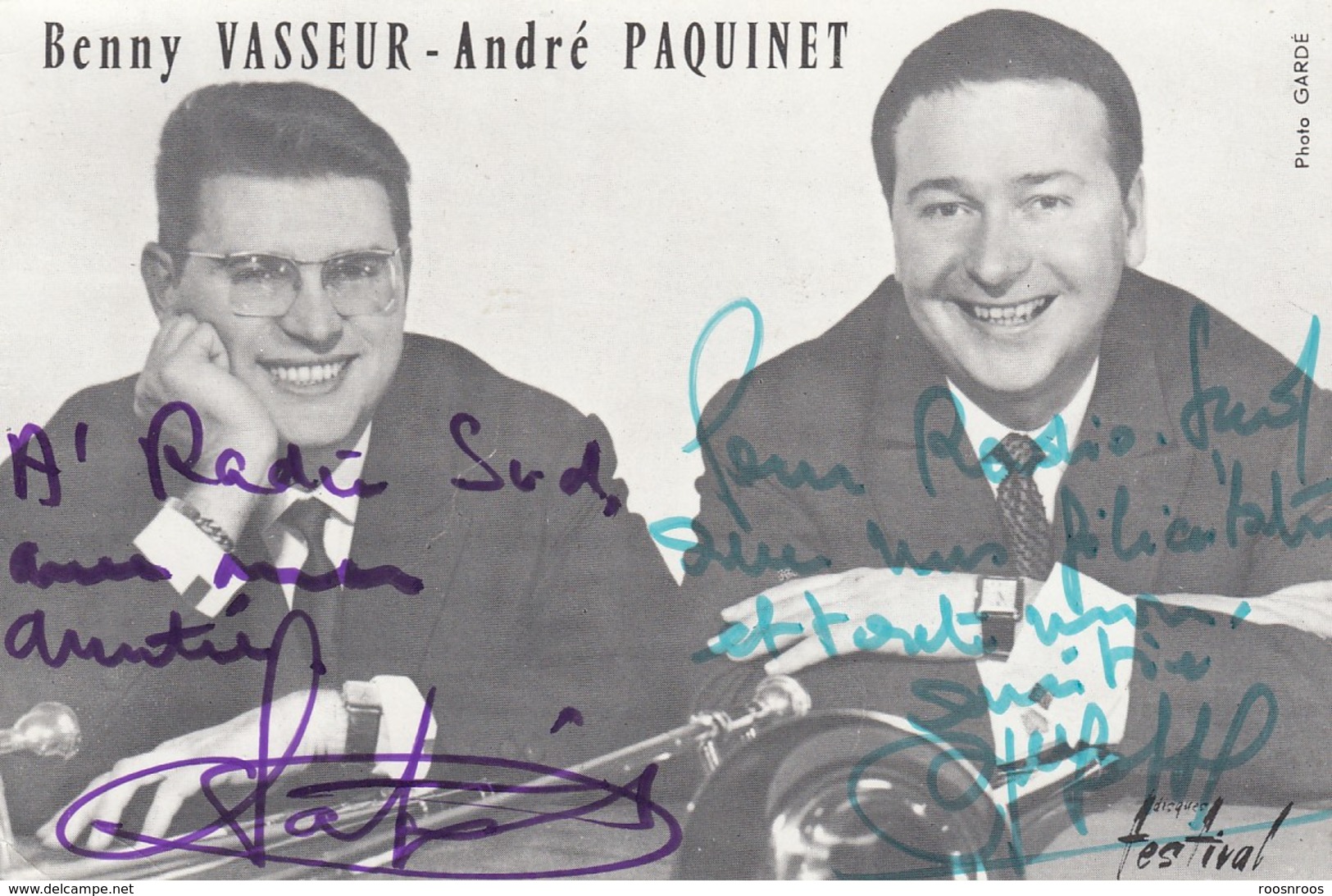 CARTE PUB 15 X 10 DISQUES FESTIVAL  -BENNY VASSEUR ANDRE PAQUINET  ET " LES TROMBONES PARADERS - " AUTOGRAPHES - JAZZ - Cantanti E Musicisti