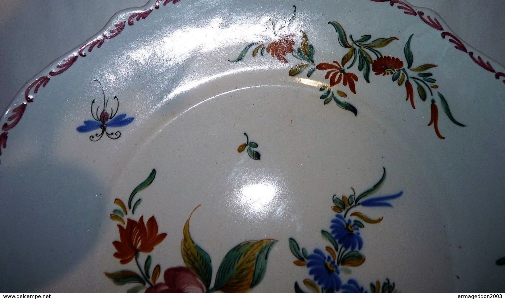 ANCIENNE LOURDE ASSIETTE MALICORNE SIGNE Émile Tessier FAIT MAIN INSECTES FLEUR - Malicorne (FRA)