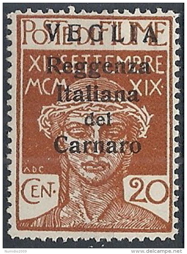 1920 VEGLIA REGGENZA DEL CARNARO 20 CENT II TIPO MH * - RR12202 - Arbe & Veglia