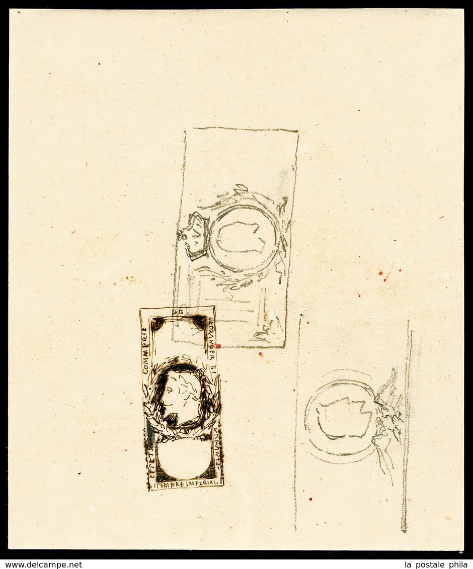 (*) Effets De Commerce, Napoléon III, Maquette Originale De Barre Effectuée Au Crayon Et à L'encre De Chine Ménageant La - Sonstige & Ohne Zuordnung