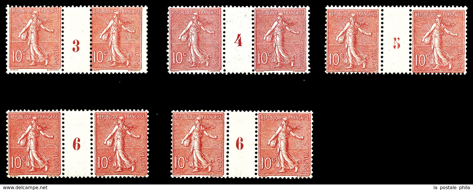 ** N°129, (cote Maury), Semeuse 10c Rose: 5 Paires Millésimées, 1903, 1904 Type 2, 1905 Et 1906 Rose Et Rose Foncé, TTB  - Millésime