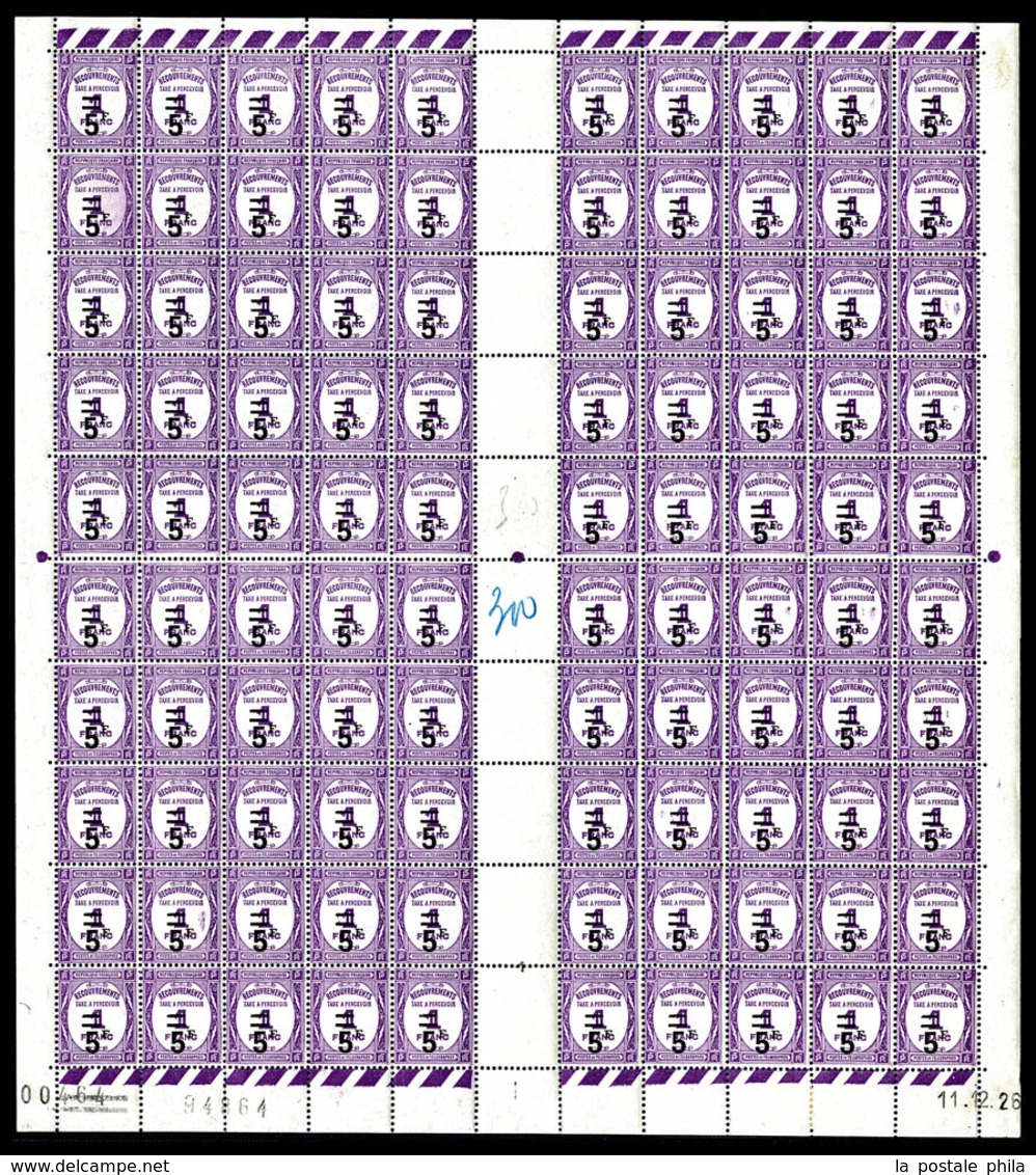 ** N°65, 5f Sur 1f Lilas En Feuille Complète De 100 Exemplaires Datée Du 11/12/26. SUPERBE. R.R. (certificat)  Qualité:  - Ganze Bögen