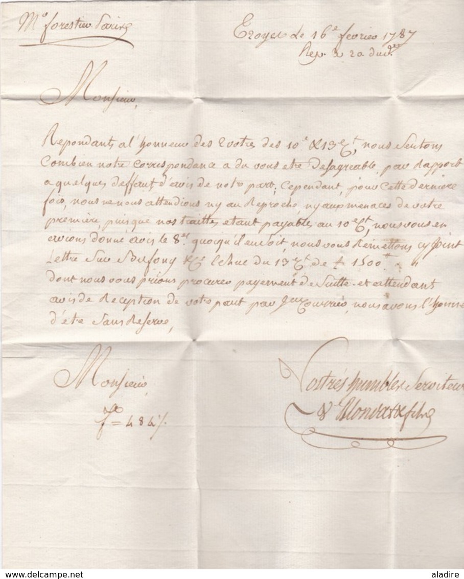 1787 - Règne De Louis XVI - Marque TROYES Sur Lettre Avec Correspondance Commerciale Vers Paris - 1701-1800: Precursors XVIII