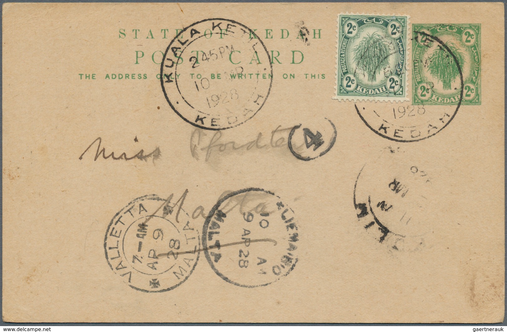 Malaiische Staaten - Kedah: 1928, 2 C Green Psc Uprated With 2 C Dull Green From KUALA KETIL, 10 MR - Kedah