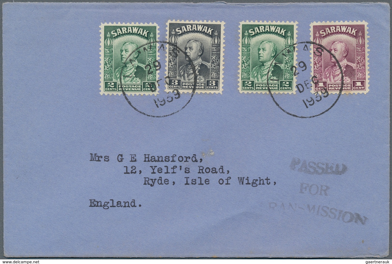 Malaiische Staaten - Sarawak: 1939, 1 C Purple, 2 X 2 C Green And 3 C Black, Mixed Franking On Cover - Autres & Non Classés
