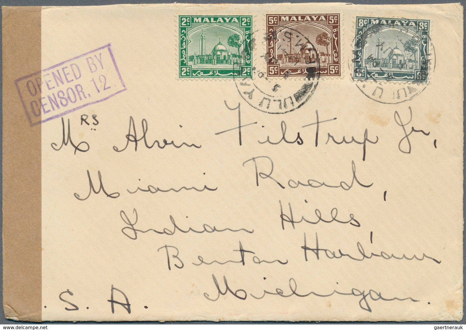 Malaiische Staaten - Selangor: 1941, ULU YAM: Mosque 8c. Grey, 5c. Brown And 2c. Green Used On Cover - Selangor