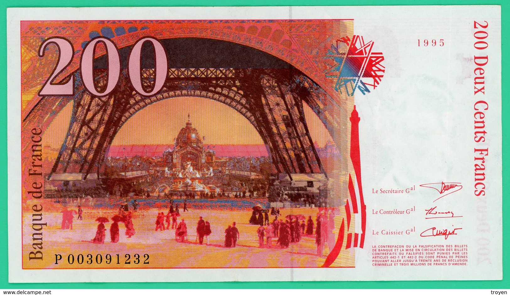 200 Francs -  France -  Type  Eiffel - N° P003091232  1995 - TB+ - - 200 F 1995-1999 ''Eiffel''