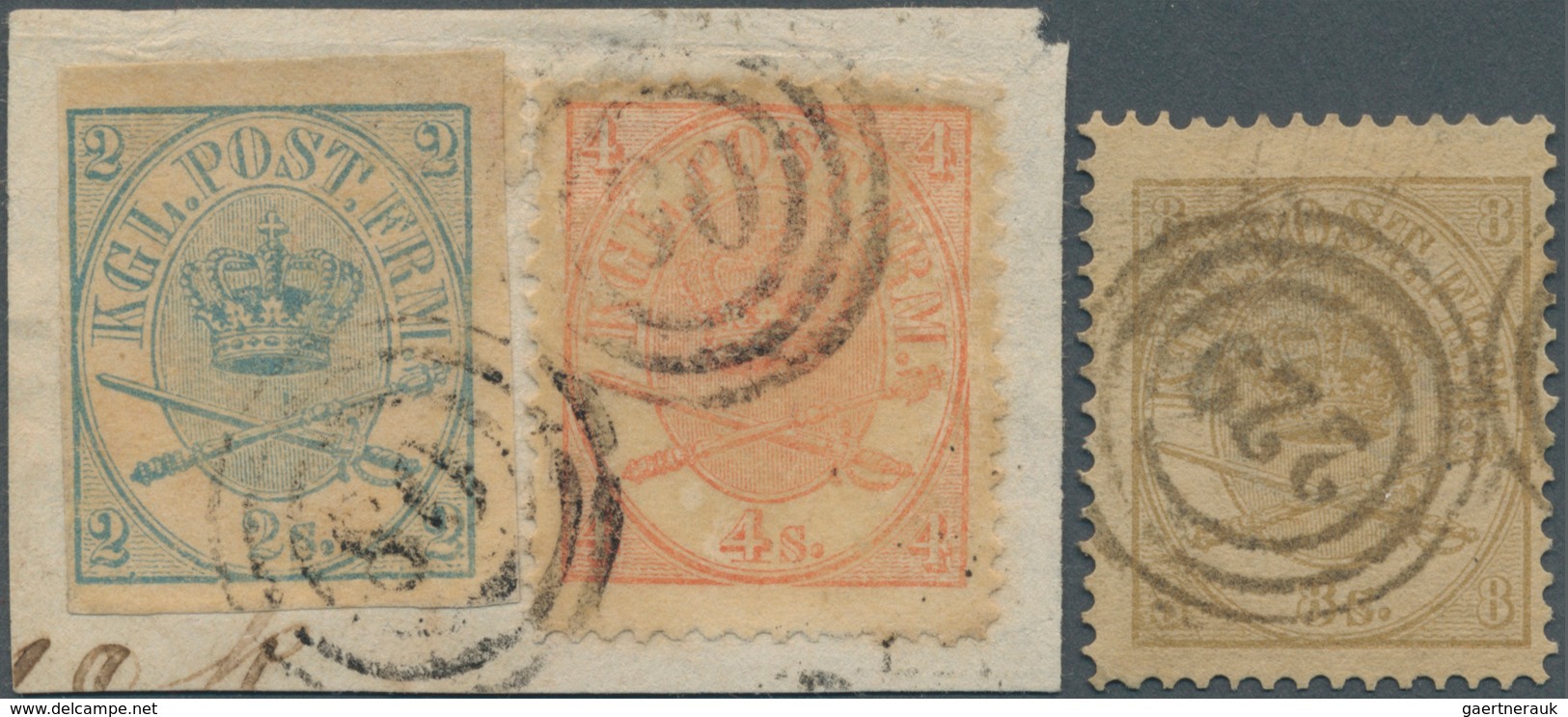 Dänemark: 1865/1868 (ca.), Lot Of Three Stamps Incl. 2s. Blue IMPERFORATE On Piece And 8s. Brown (op - Ungebraucht