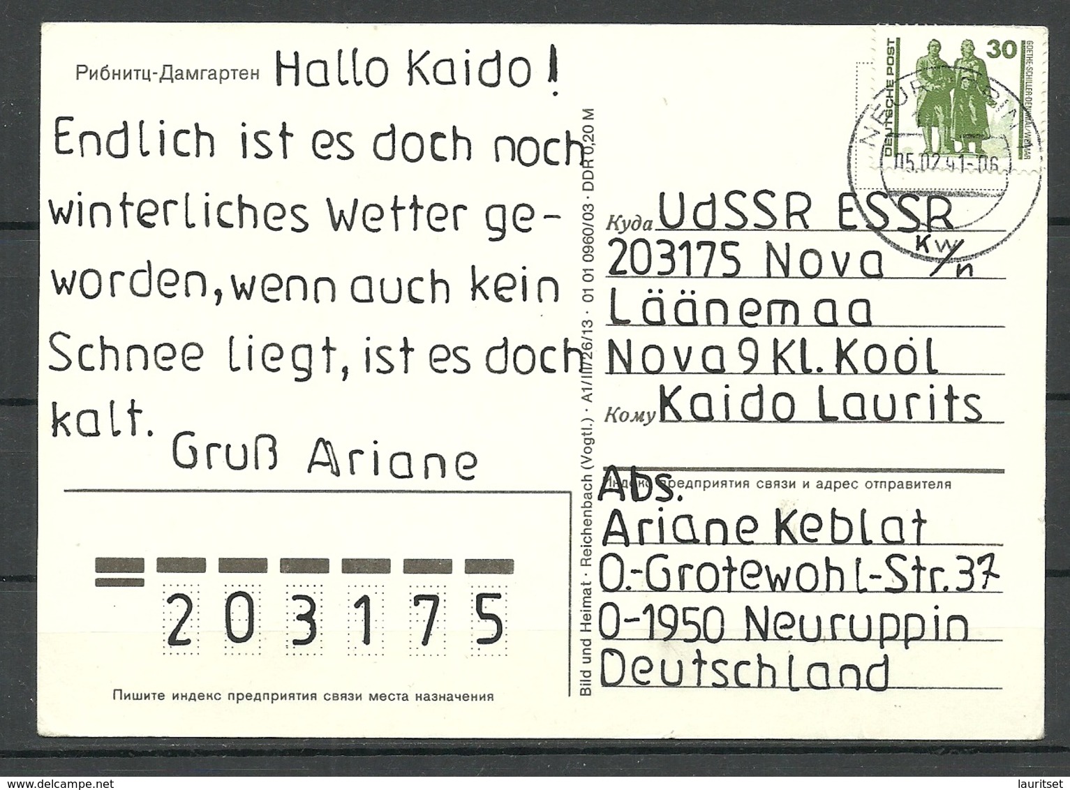 Deutschland Postkarte RIBNITZ-DAMGARTEN (gesendet 1991, Mit Briefmarke) - Ribnitz-Damgarten