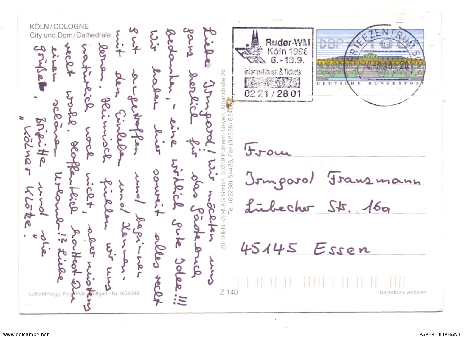 SPORT - RUDERN, Werbe-Stempel Ruder-WM Köln 1998 - Aviron