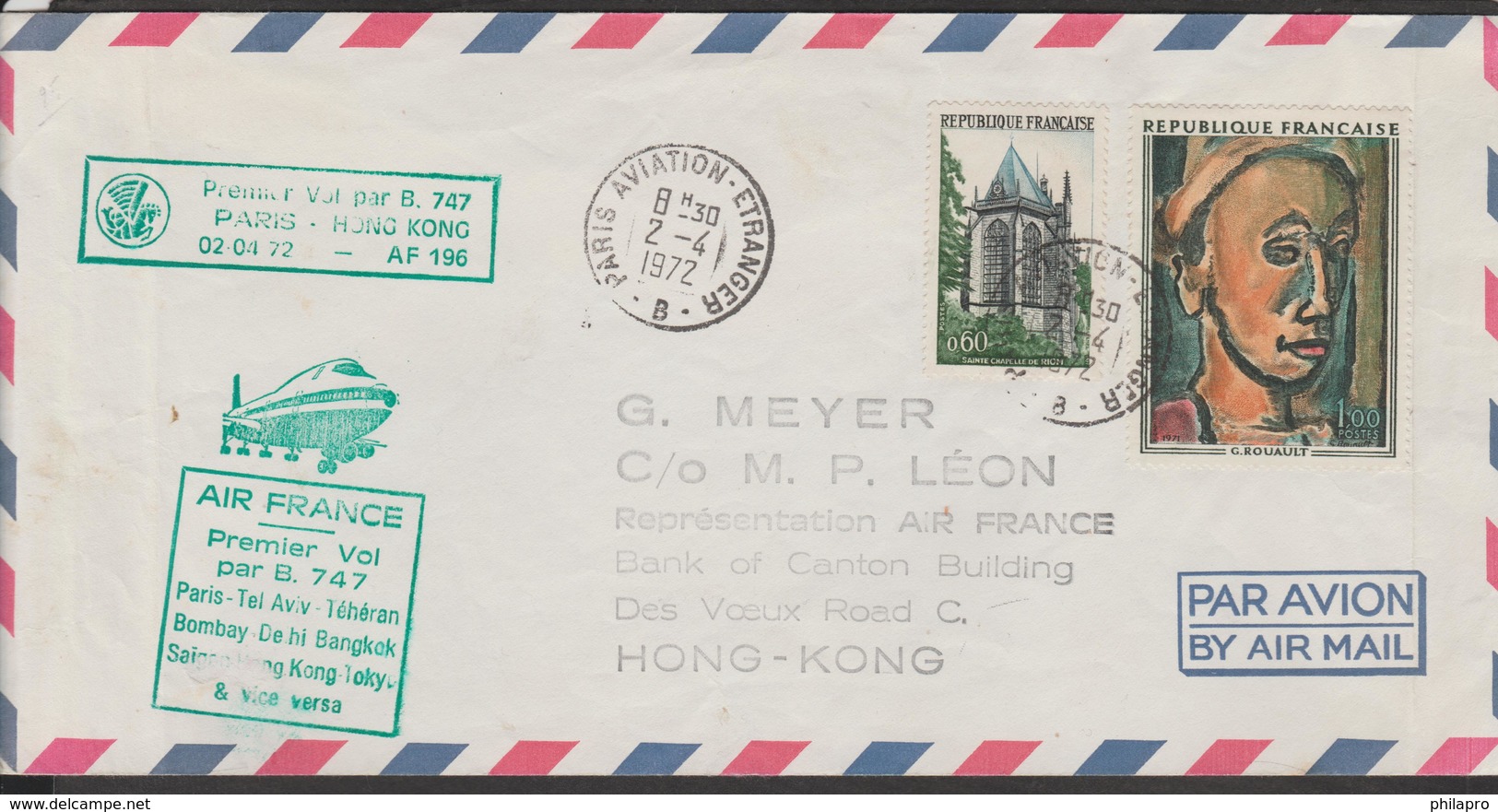 First Flight  PARIS -HONGKONG  VIA SAIGON  By  AIR FRANCE  02/04/1972    Réf  FL6  See Two Scans - Lettres & Documents