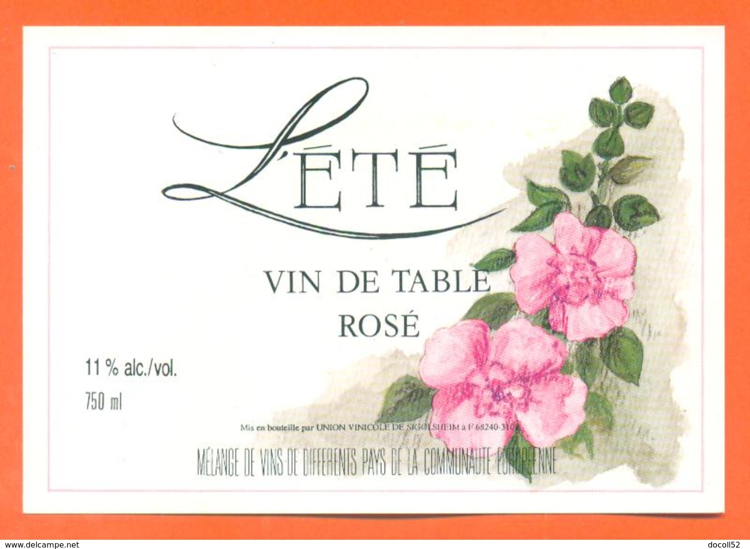 étiquette De Vin De Table Rosé L'été Union Vinicole à Sigolsheim - 75 Cl - Fleurs - Vino Rosato