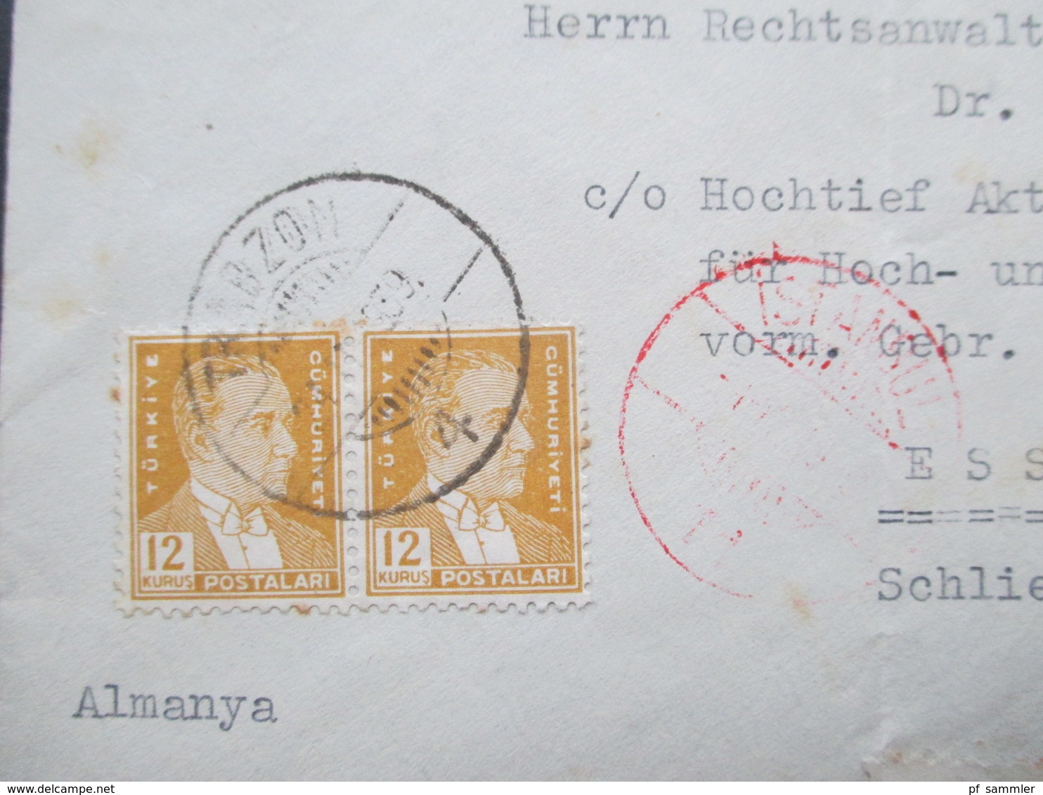 Türkei 1939 Einschreiben R- Trabzon 1 619 No T Roter Stempel Istanbul. R-Zettel Gestempelt. Nach Essen - Storia Postale