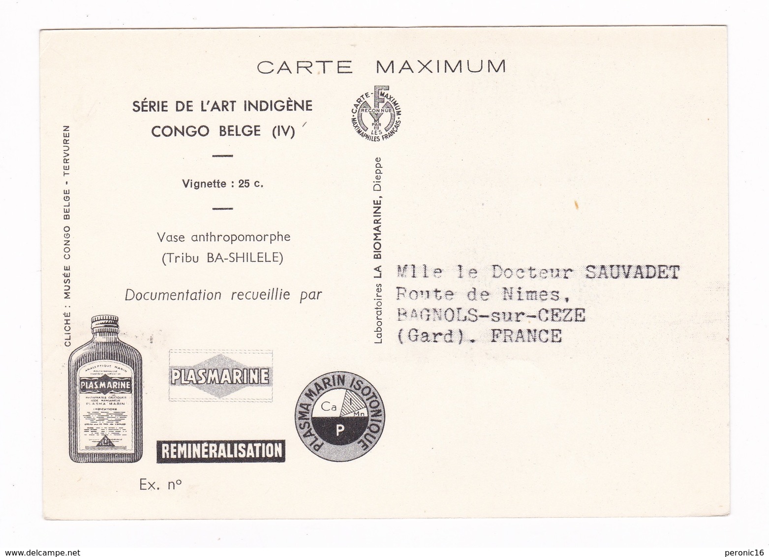 Carte Maximum Pub. Médicale PLASMARINE (oligo-éléments Sels Minéraux), Vase Anthropomorphe Congo Belge 4, 1952 - Autres & Non Classés