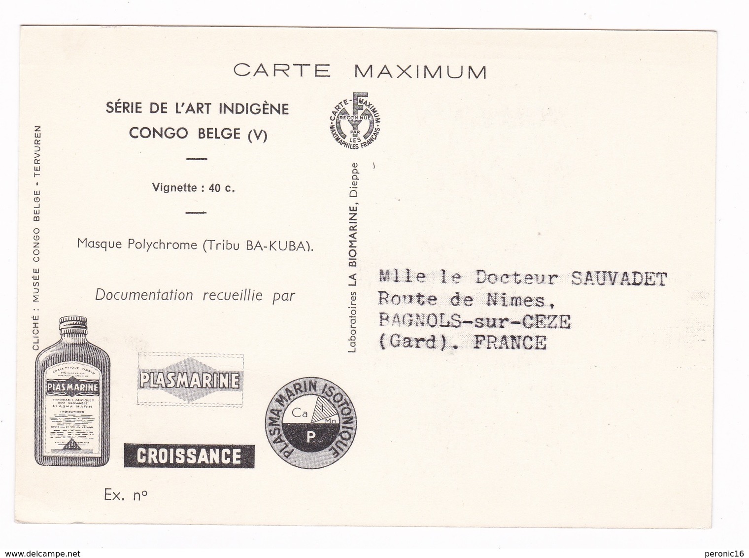 Carte Maximum Pub. Médicale PLASMARINE (oligo-éléments Sels Minéraux), Masque Polychrome, Congo Belge 5, 1952 - Autres & Non Classés