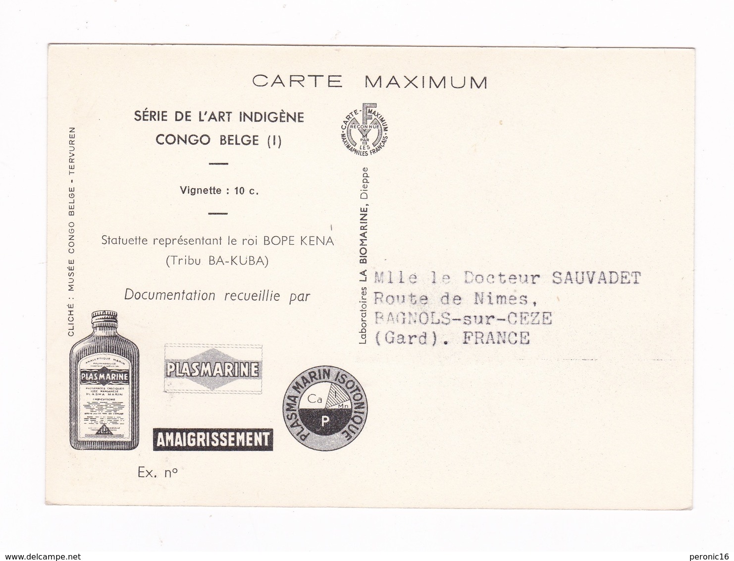 Carte Maximum Pub. Médicale PLASMARINE (oligo-éléments Sels Minéraux), Statuette Roi Bope Kena, Congo Belge 1, 1952 - Other & Unclassified