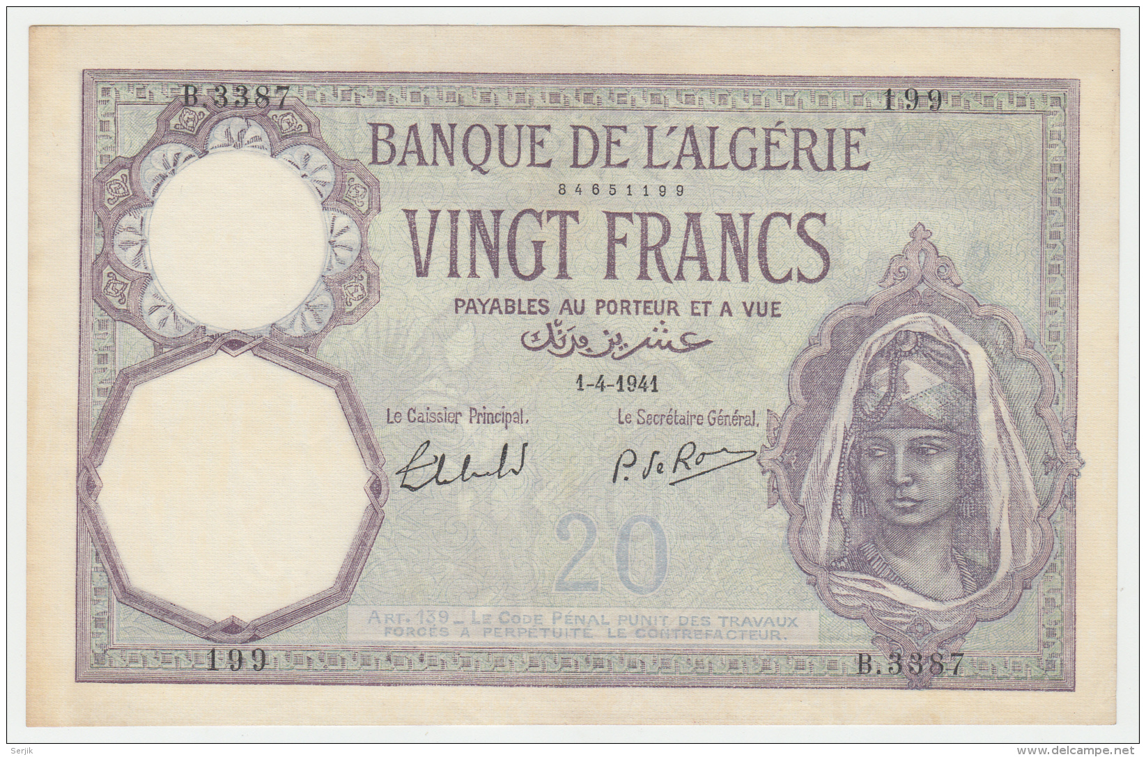 Algeria 20 Francs 1941 XF+ Banknote Pick 78c 78 C - Algérie