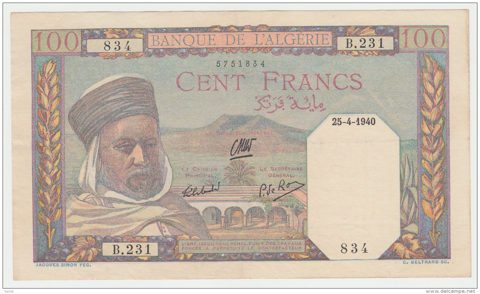 Algeria 100 Francs 1940 VF++ Banknote Pick 85 - Algérie