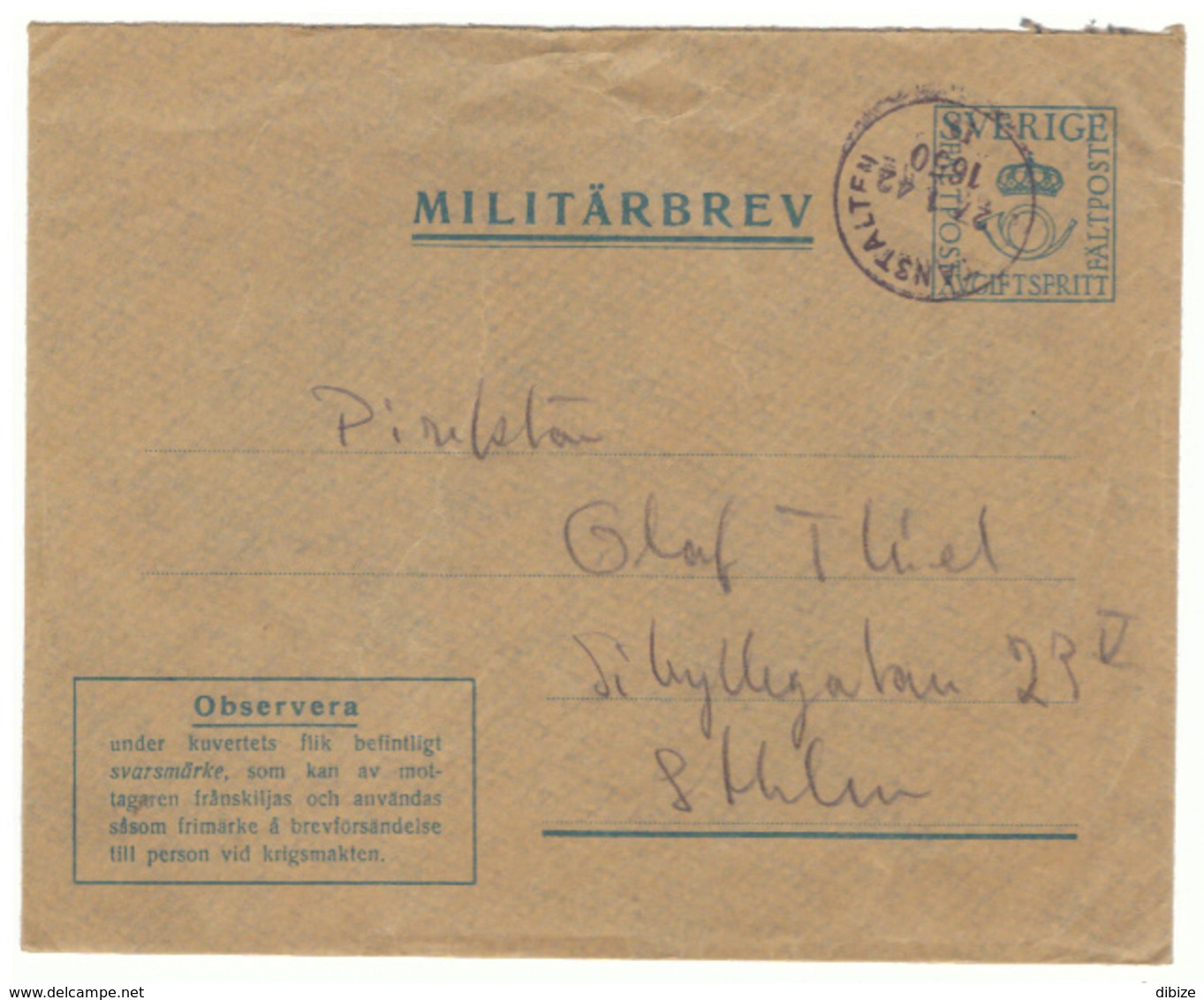 Enveloppe En Franchise Militaire. Suéde. Cachet 1942 - Military