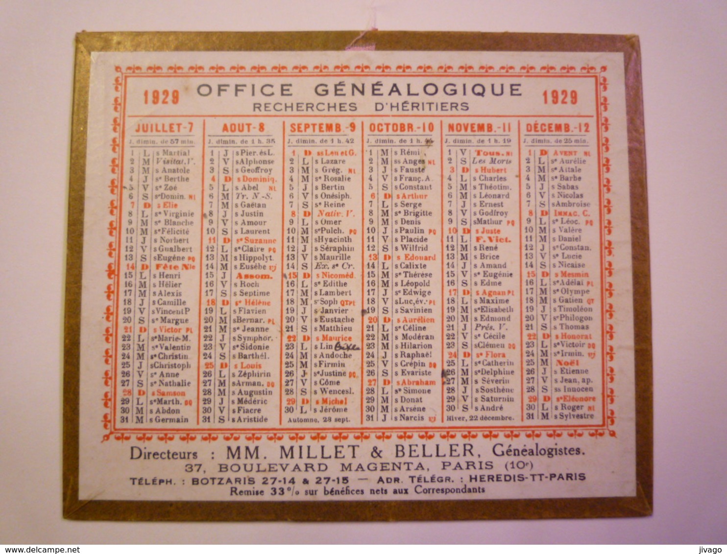 PETIT CALENDRIER  1929  "OFFICE GENEALOGIQUE"   Format  12,5 X 10,5cm   - Kleinformat : 1921-40