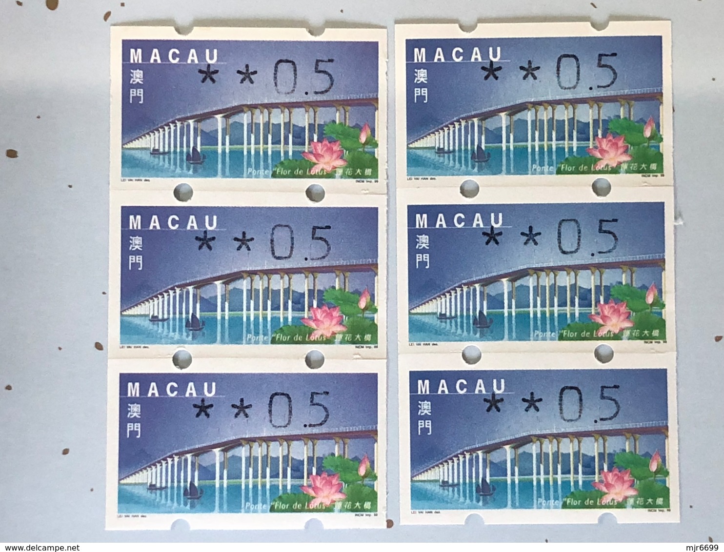 MACAU ATM LABELS, 1999 LOTUS FLOWER BRIDGE ISSUE - ERROR CUTTING - VERTICAL STRIP OF 3 X 2 W/COLOUR SHADE - - Distributors