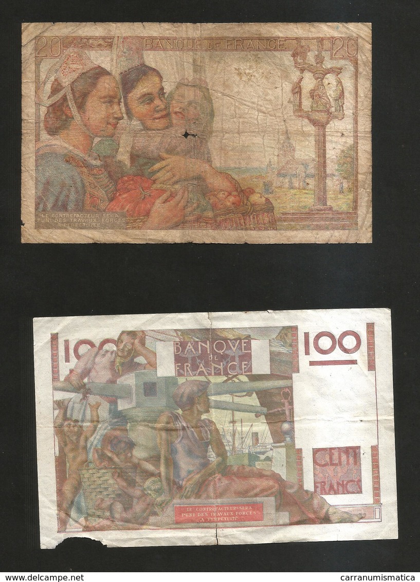 FRANCE - BANQUE De FRANCE - 100 Francs Jeune Paysan (1950) Et 20 Francs Pêcheur (1945) Lot Of 2 Different Banknotes - 100 F 1945-1954 ''Jeune Paysan''