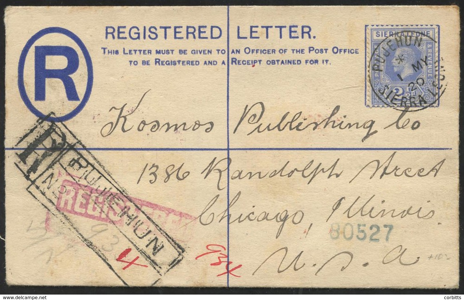 1920 2d Reg Envelope With KGV 2½d Addressed To Chicago, Value Tied Fine Pujehun S/line C.d.s, Also With Pujehun Reg H/st - Autres & Non Classés