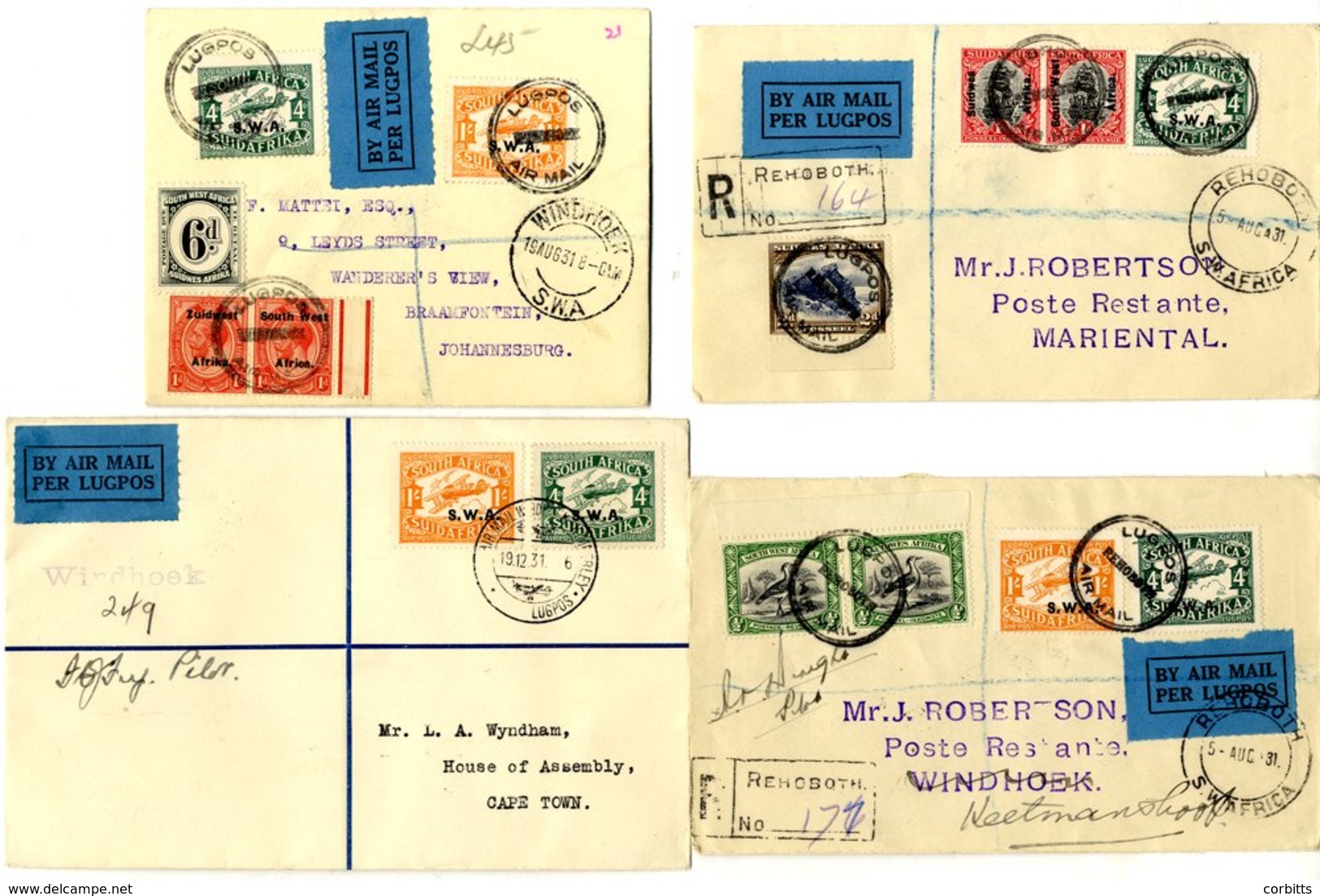 1931 First Flight Covers (4) Incl. 1931 Aug 5th SWAA Kehoboth - Mariental Reg Cover And Thus In Mailbag And Mis-sent To  - Autres & Non Classés