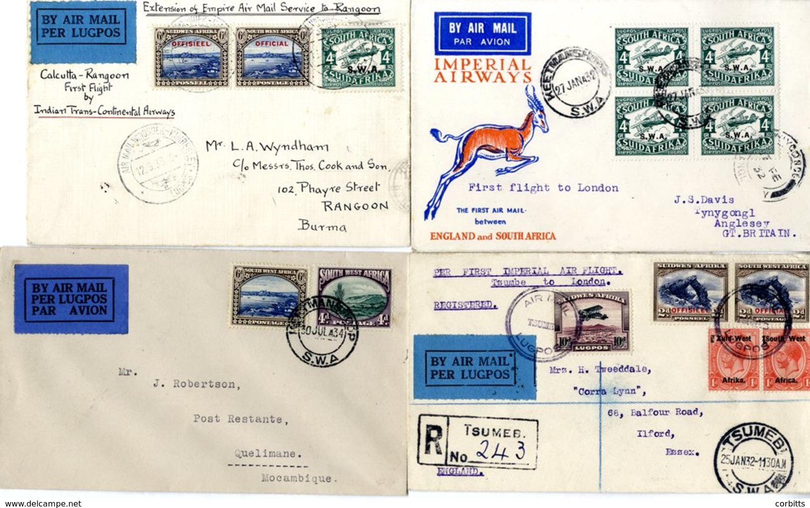 1932-34 First Flight Covers (4) From 1932 Jan 27th SWAA/Imperial A.W Keetmanshoop - London Springbok Cover Franked 4d Ai - Autres & Non Classés