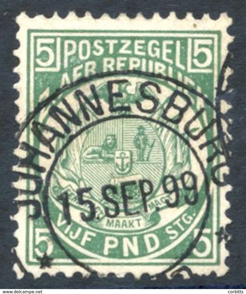 1892 £5 Deep Green, FU (blunt Perf At Lower Right Base), Johannesburg 15.SEP.99 Cancel. - Autres & Non Classés