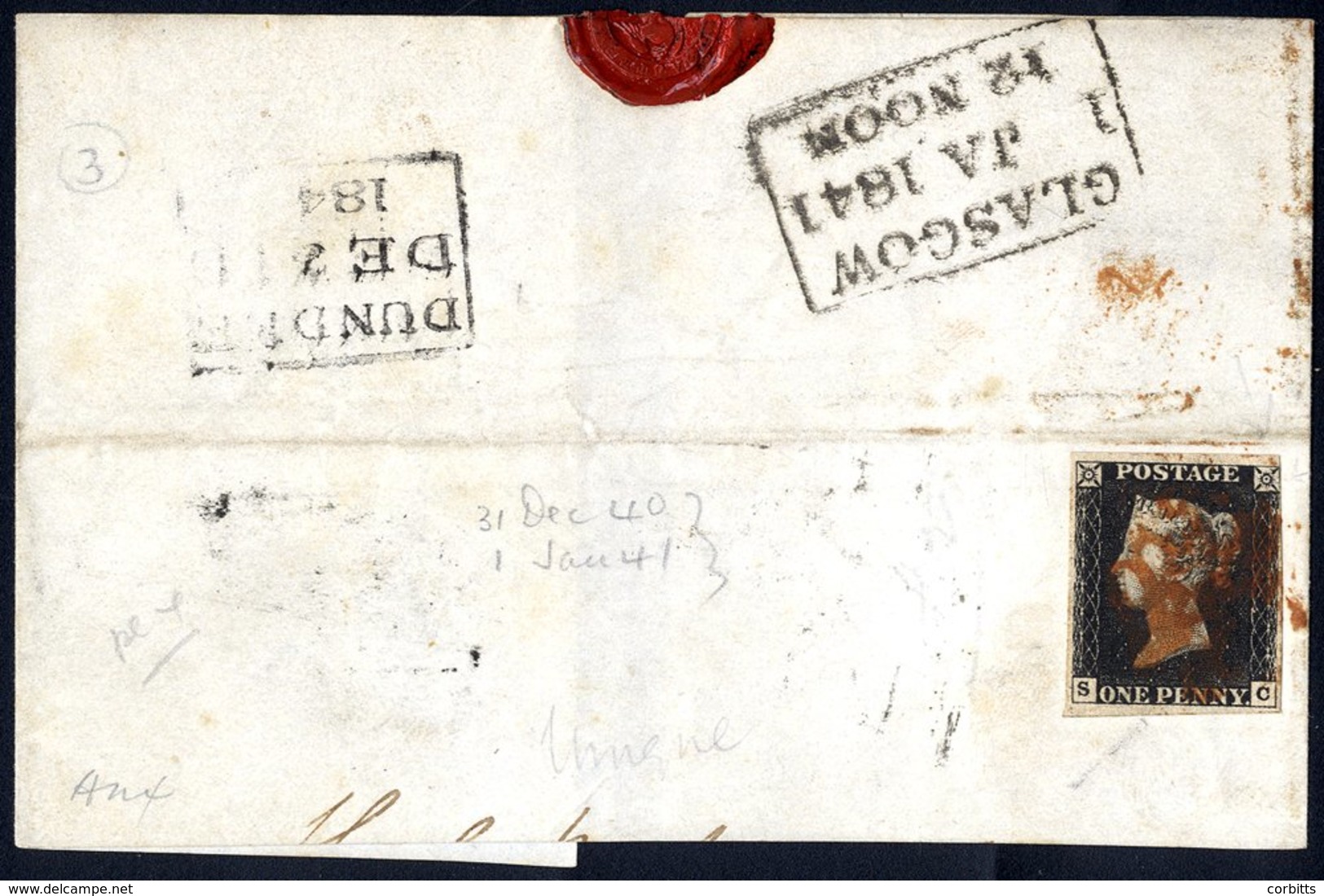 Plate 4 SC, Clear To Huge Margins, Tied In Red To A Part Cover Bearing D/stamps Of Dundee Dec 31st 1840 & Glasgow Jan 1s - Sonstige & Ohne Zuordnung