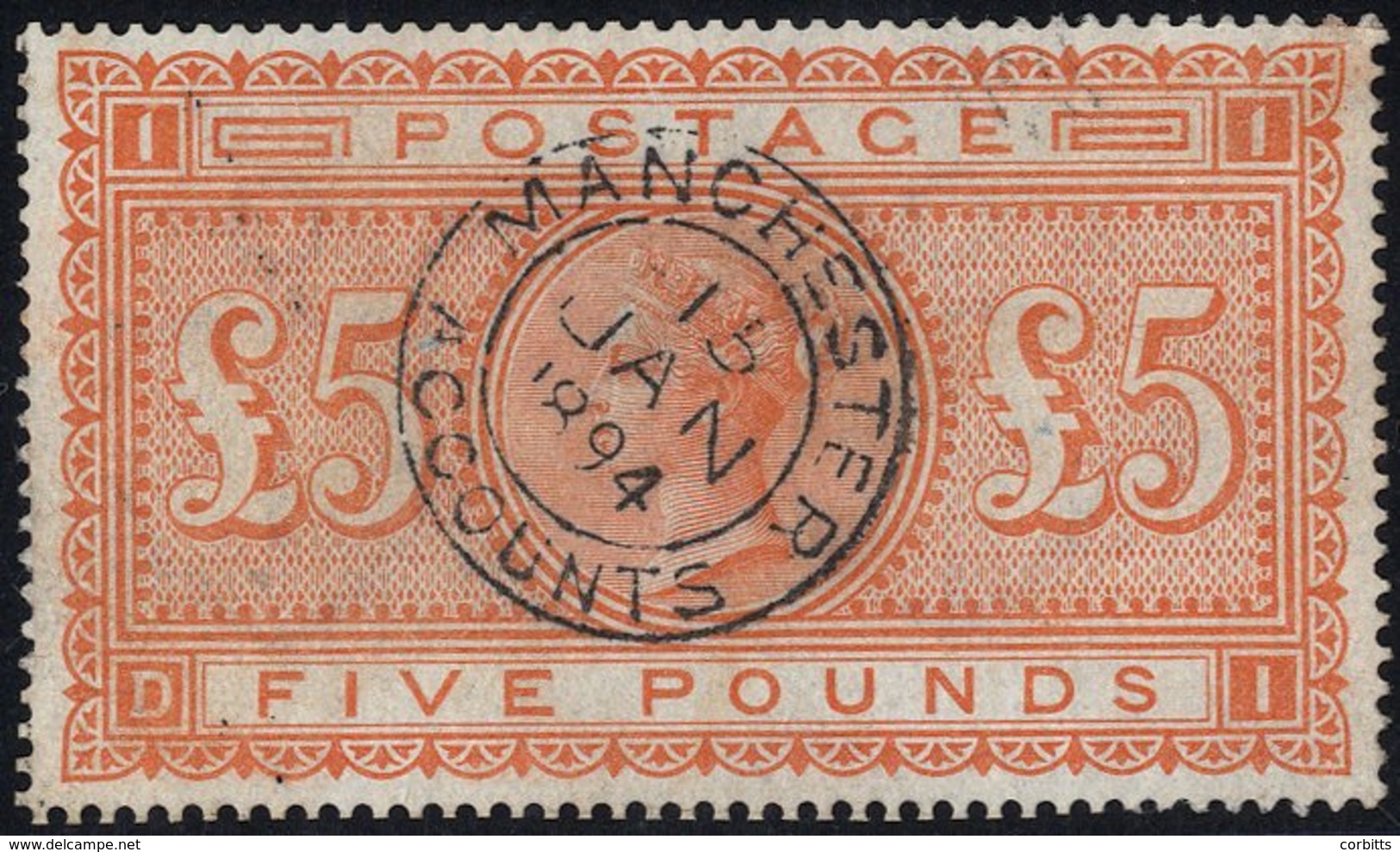 1867-83 £5 Orange DI, Superb U Example With A Centrally Struck Manchester Accounts Double Ring C.d.s. For Jan 15th 1894, - Other & Unclassified