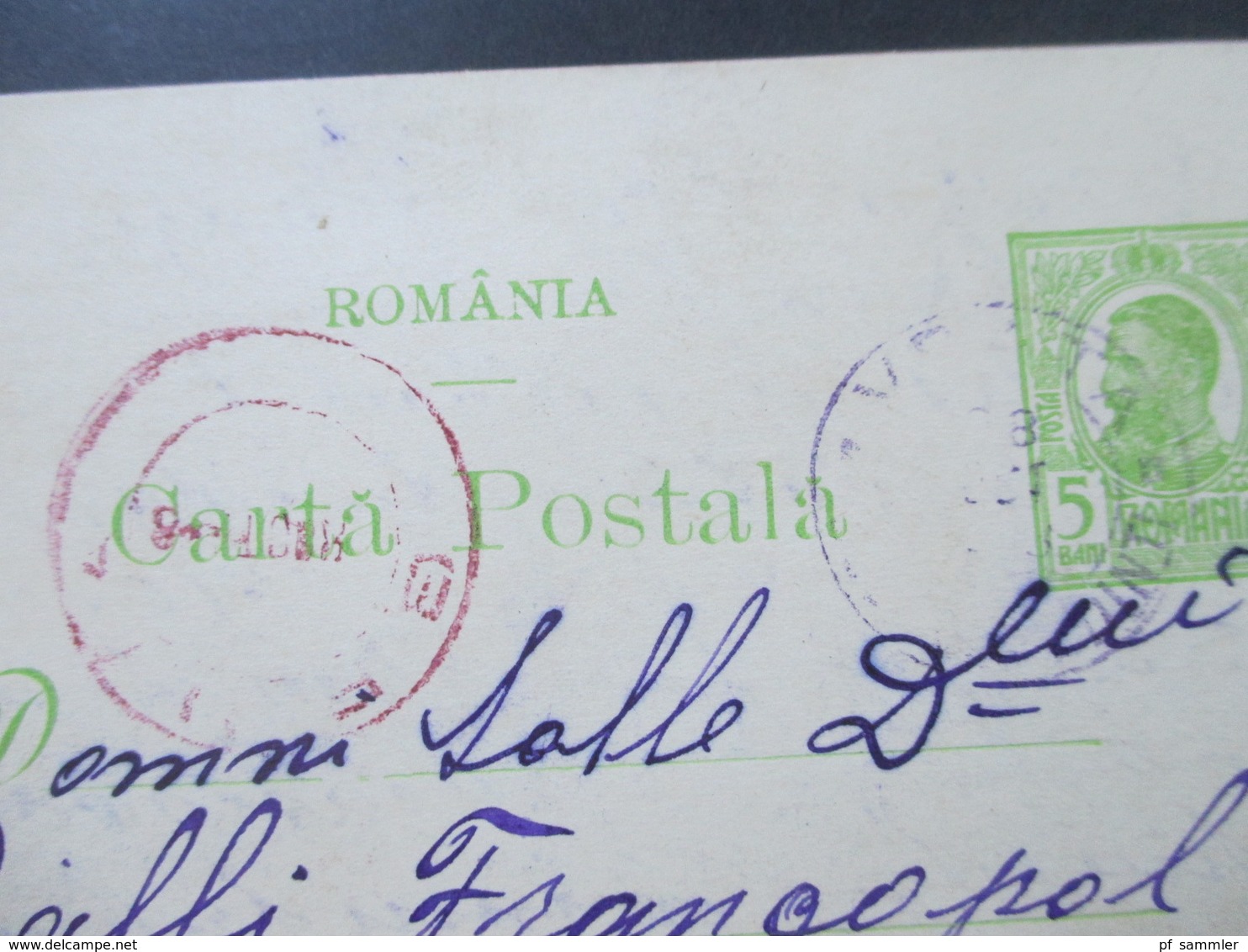 Rumänien 1913 Ganzsache Mit Violettem Stempel!! Tanase J. Apostol Comersent Vrata (Mebedinti) - Cartas & Documentos