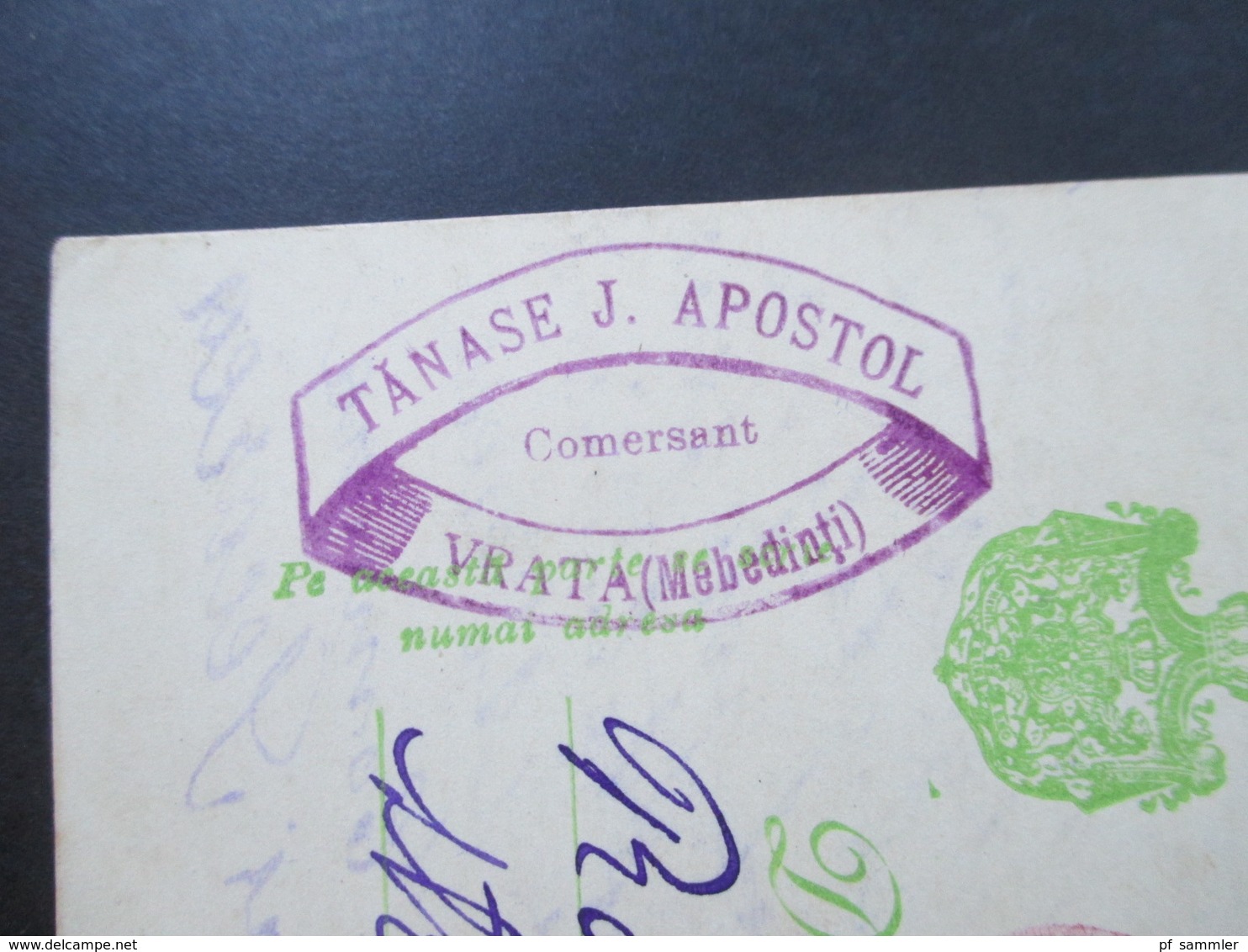 Rumänien 1913 Ganzsache Mit Violettem Stempel!! Tanase J. Apostol Comersent Vrata (Mebedinti) - Covers & Documents