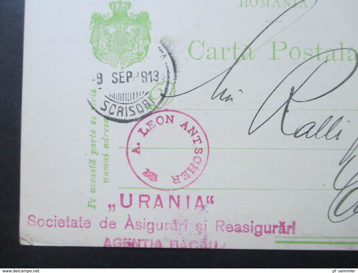 Rumänien 1913 Ganzsache Mit Violettem Stempel!! A. Leon Antoscher Urania. Bacau - Lettres & Documents
