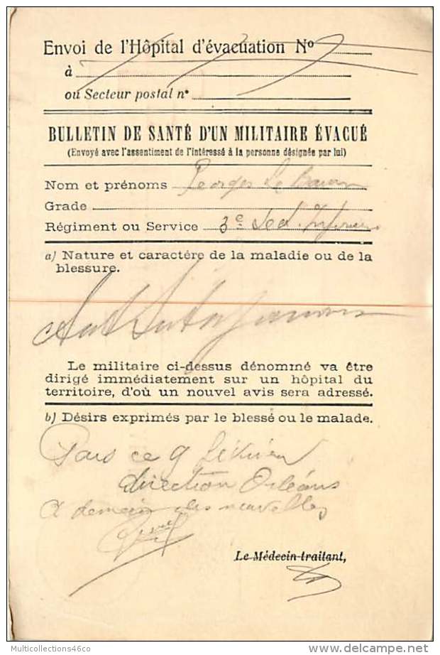 041018 GUERRE 14 18 FM - CROIX ROUGE Ministère De La Guerre Sanitaire Bulletin De Santé D'un Militaire évacué - Covers & Documents