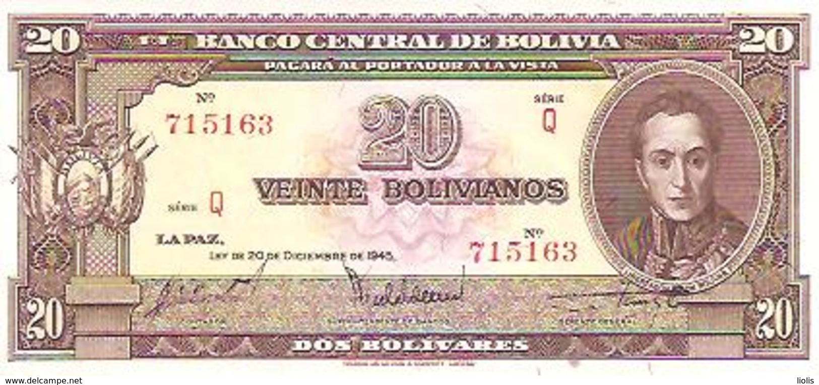 Bolivia   20 BolivianoS  1945  UNC - Bolivia