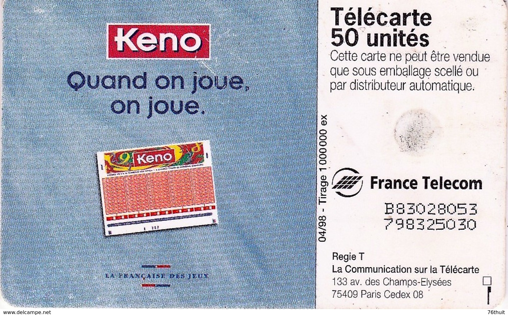 CARTE TELEPHONE FRANCE TELECOM  - 50  - KENO - Spiele