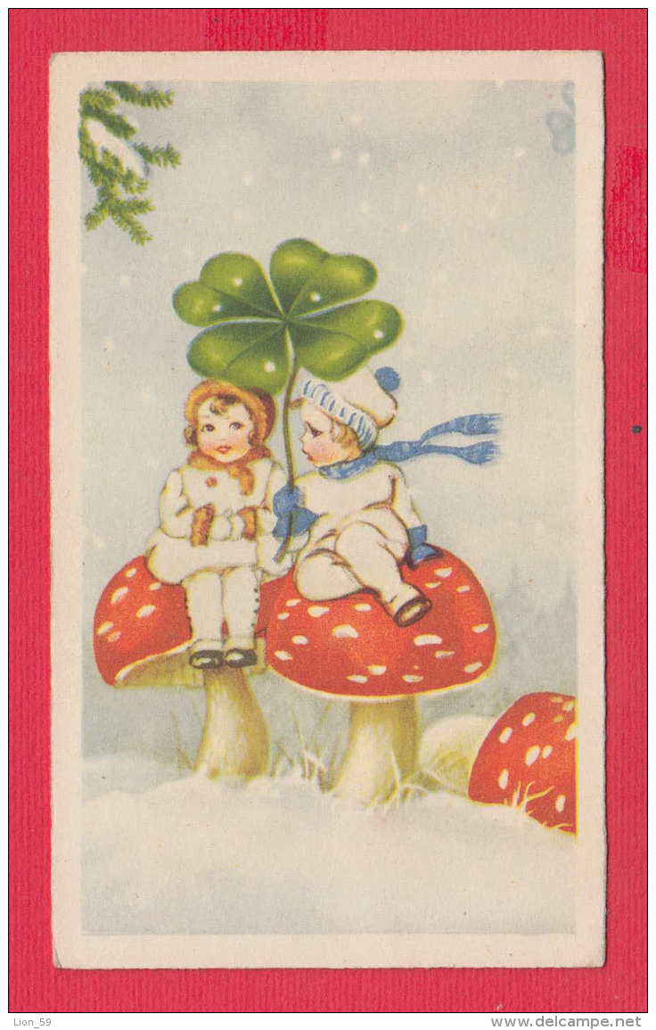 237105 / Illustrator ?? -  Mushroom  Champignon Fruchtkörper , WINTER GIRL BOY  LETTER TREE , BULGARIA - Champignons