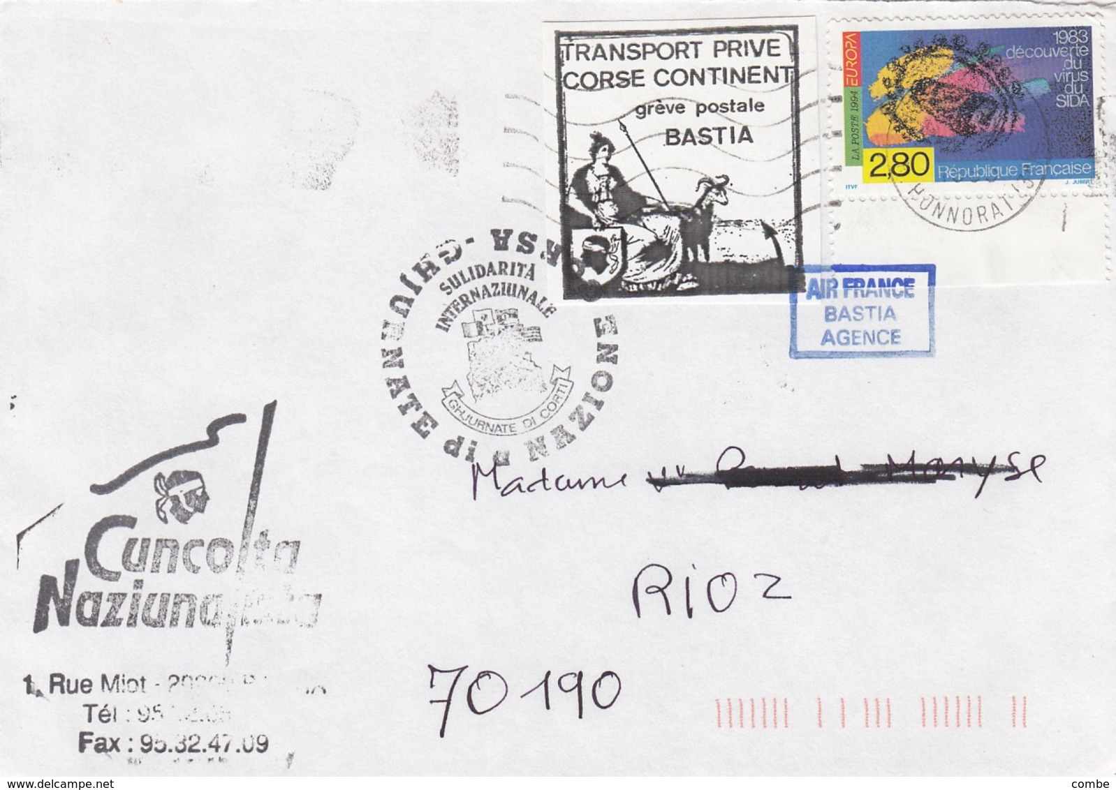 FRANCE LETTRE AFFRANCHIE AVEC LE TIMBRE DE GREVE TRANSPORT PRIVE CORSE CONTINENT GREVE POSTALE BASTIA 1995 AIR FRANCE - Sonstige & Ohne Zuordnung